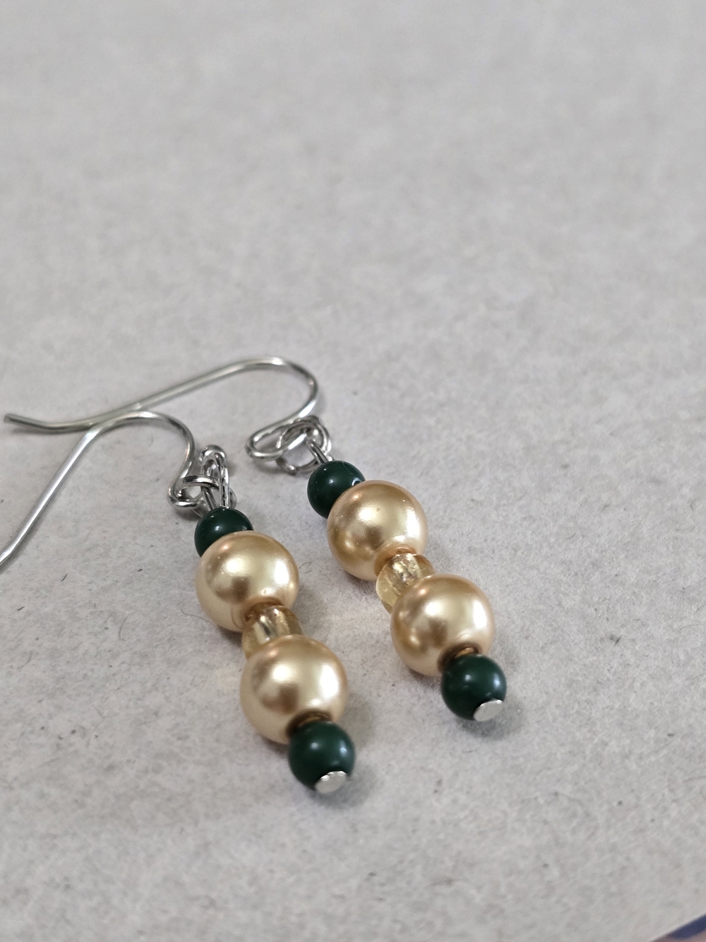 Gold Pearl and Dark Green Bead Drop Earrings